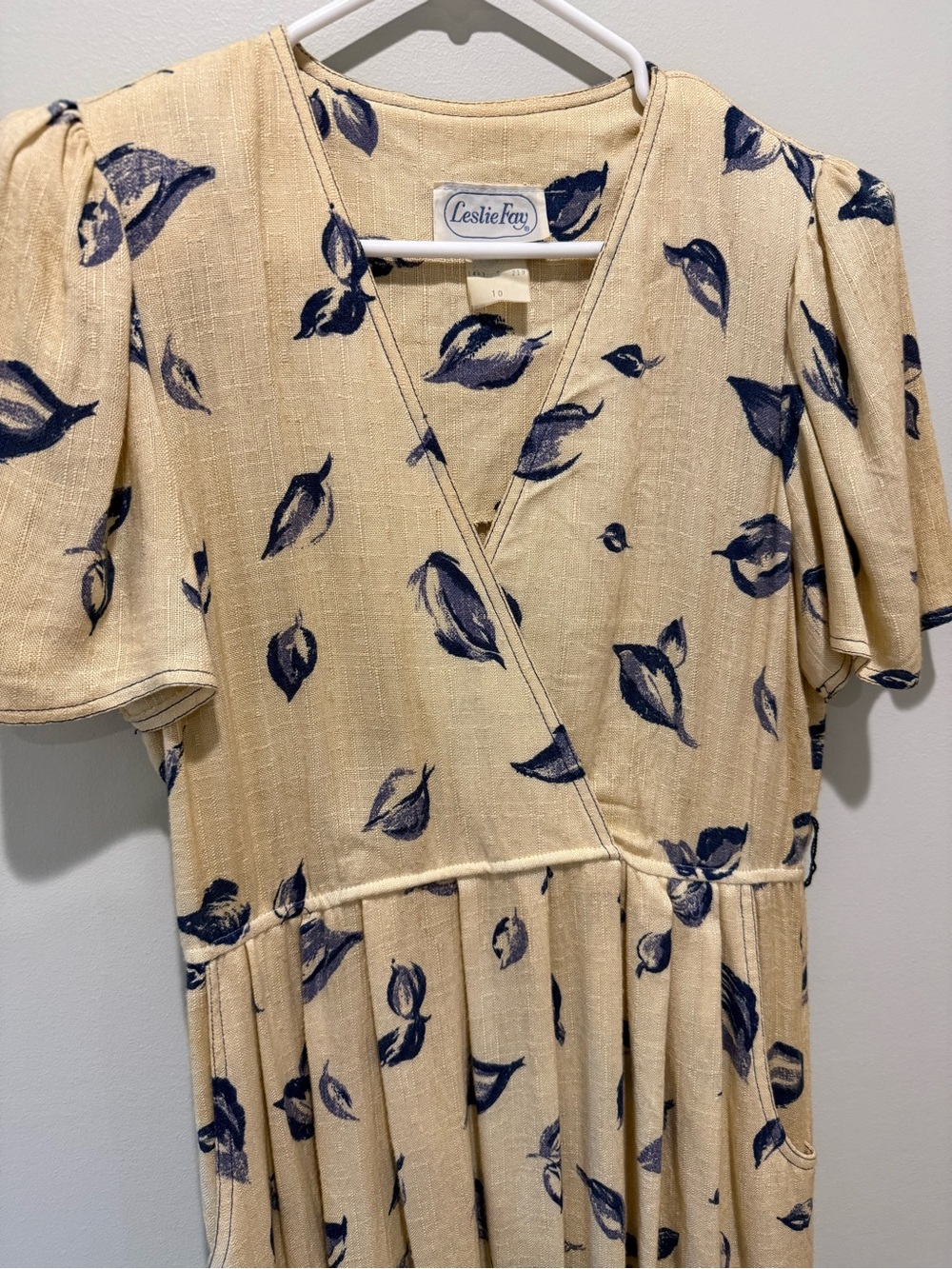 Vintage Leslie Fay Blue Leaf Print Midi Dress W/ Union Tag- Cream & Navy Sz 10 - Picture 3 of 10